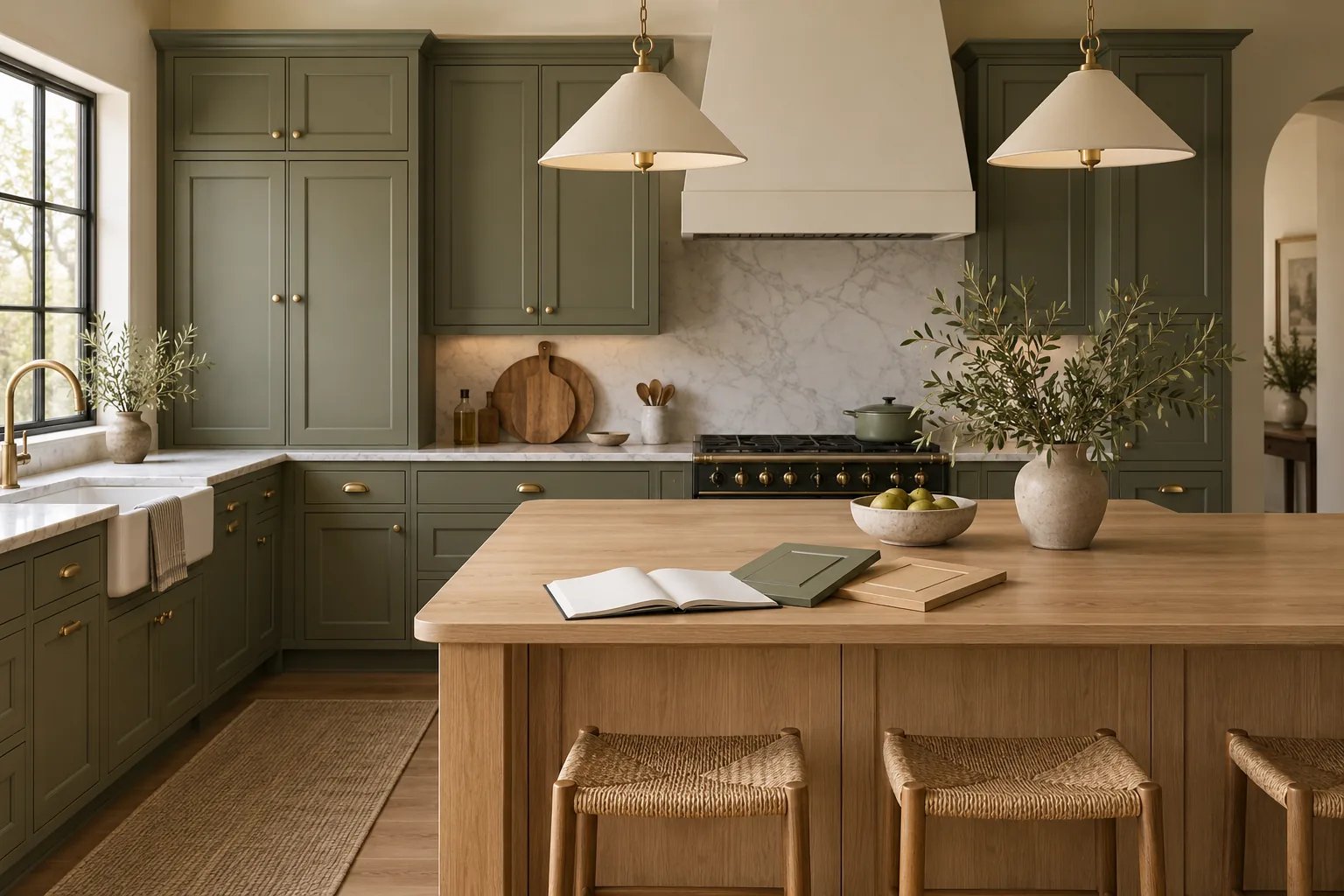 Moss-green kitchen cabinets and a light oak island beside an open notebook and door samples